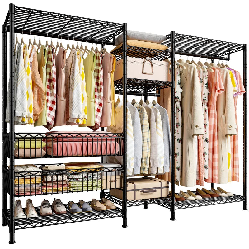Raybee Clothes Hanging Rack Heavy Duty with 2 Baskets, 900lbs Portable & Metal Clothing Rack, Adjustable Bedroom Closet Organizer