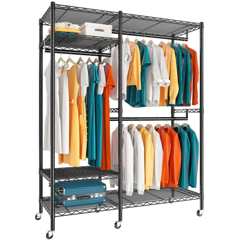 Raybee 650lbs Heavy Duty Clothes Rack with Wheels, Freestanding Portable Closet, Rolling Garment Rack For Hanging