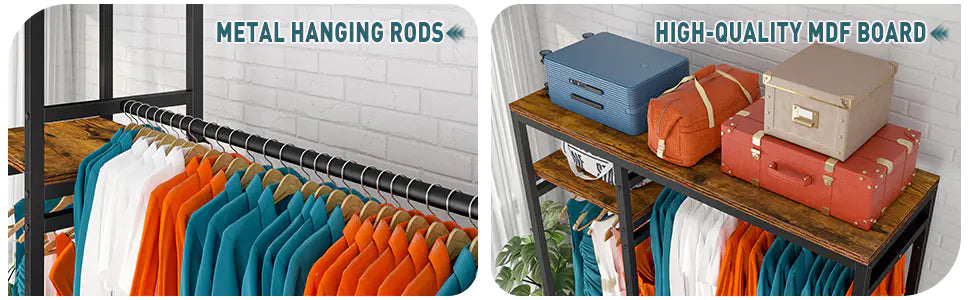 Raybee clothing rack heavy durty with hanging rod & wooden shelves for clothes storage
