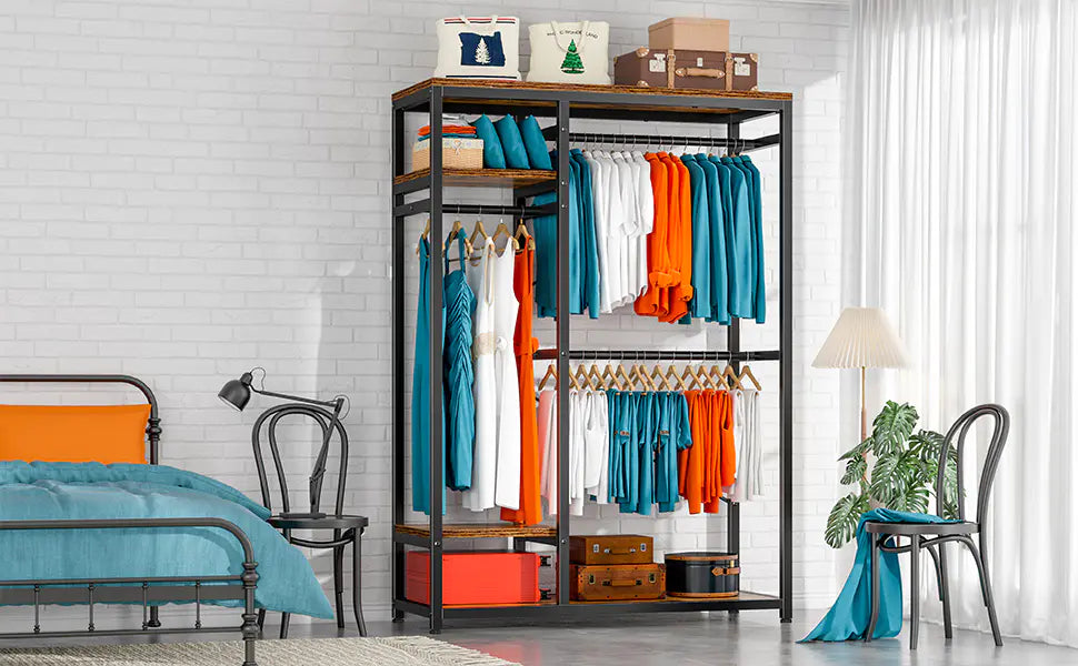 Raybee metal and wooden closet rack with shelves perfect for bedroom organization