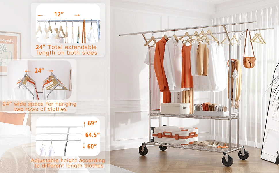 Raybee portable clothes rack heavy duty with adjustable width & height and wire shelves provides more space