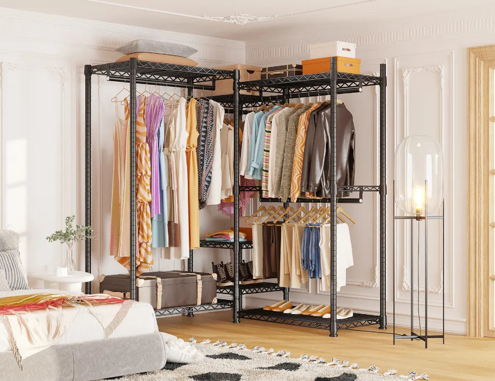 Raybee L-shaped clothing rack with shelves
