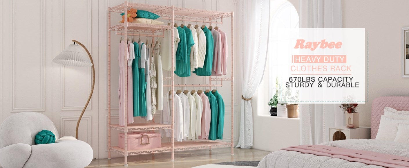 The 670lbs Raybee heavy duty clothes rack provides extra storage space for shoes, bags, and other items, helping you keep your closet organized.