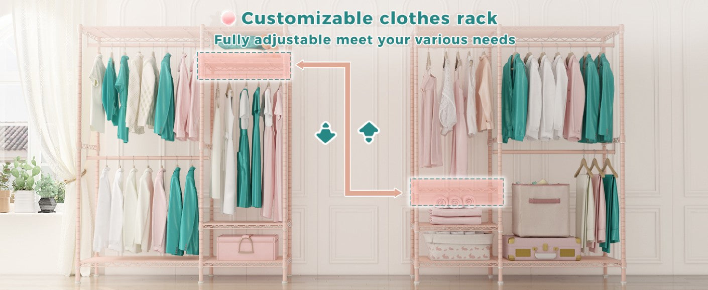 The adjustable clothing rack makes it easy to customize to your needs, whether you have long dresses or shorter shirts.