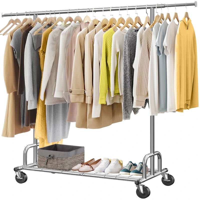 Raybee 485lbs Heavy Duty Clothes Rack with Extendable Hanging Rod, Metal Rolling Garment Rack with Wheels for Bedroom & Closet, Chrome