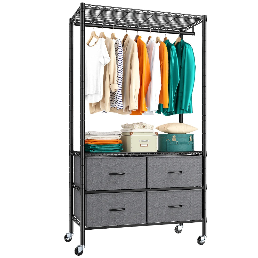 Raybee Portable Closet Organizer with 4 Drawers, Freestanding Metal Clothes Rack Heavy Duty Bedroom Closet Organizer