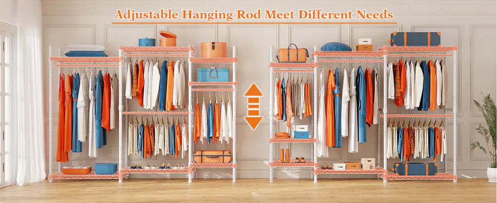 Raybee metal clothing rack with adjustable hanging rods and wire shelves offers customizable storage for all your wardrobe needs.