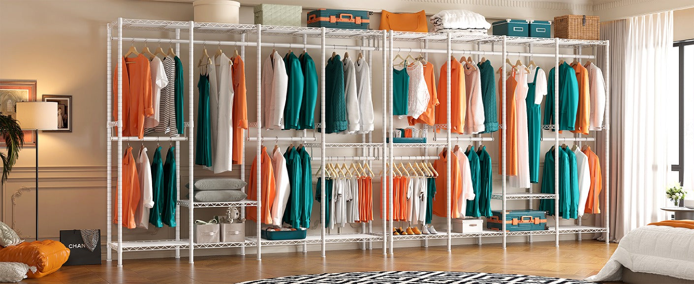 Raybee white large garment rack with shelves is perfect as a walk-in closet