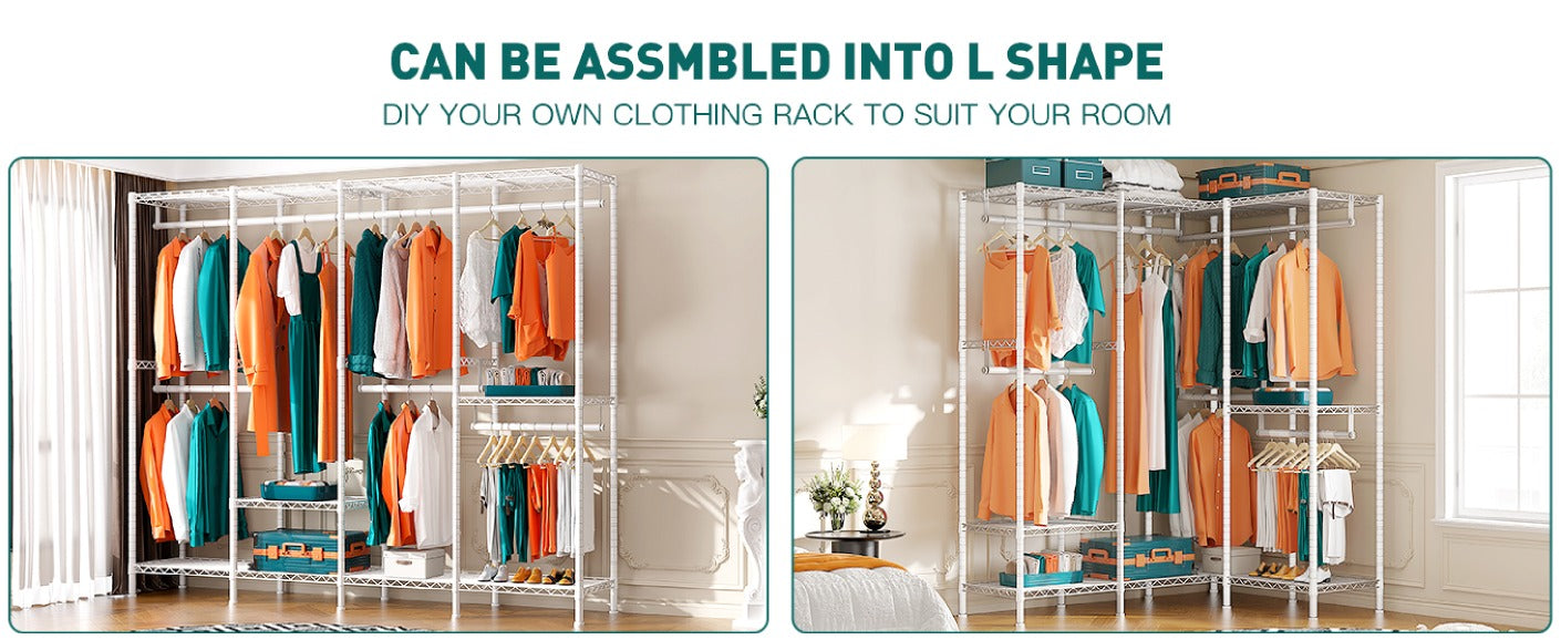 H-shaped & L-shaped wire clothes rack perfect for small room or corner of a room usage