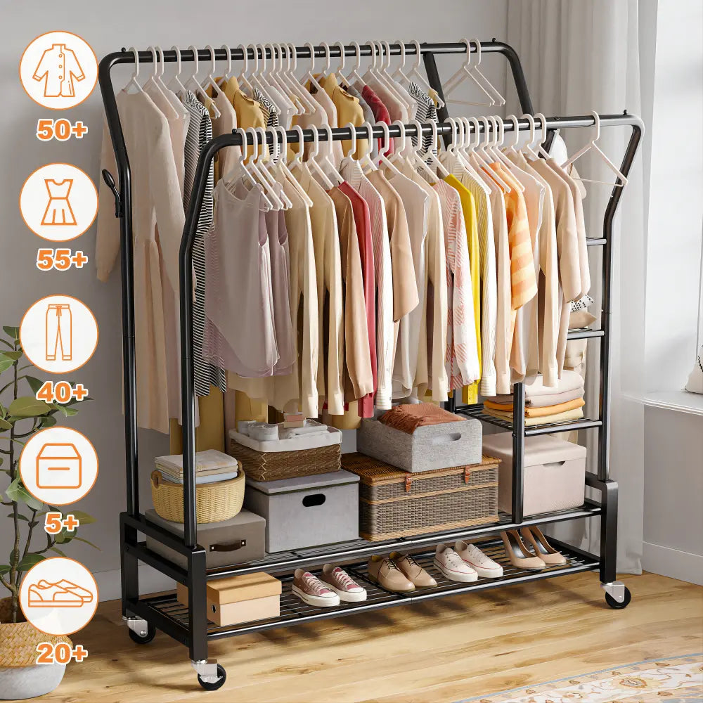 The Raybee rolling clothes drying rack can hold dozens of clothes.