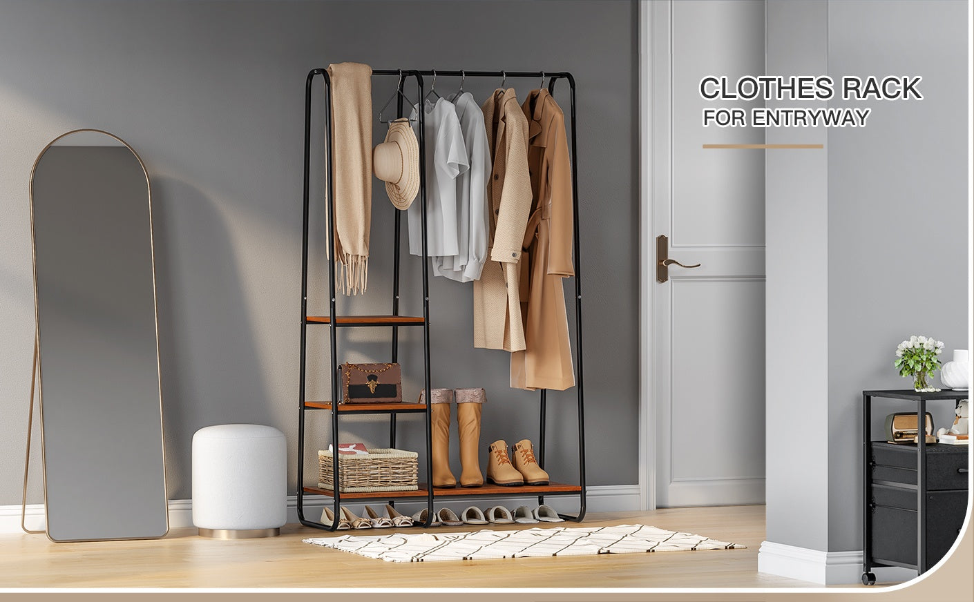 This black hanging garment rack is perfect for entryway