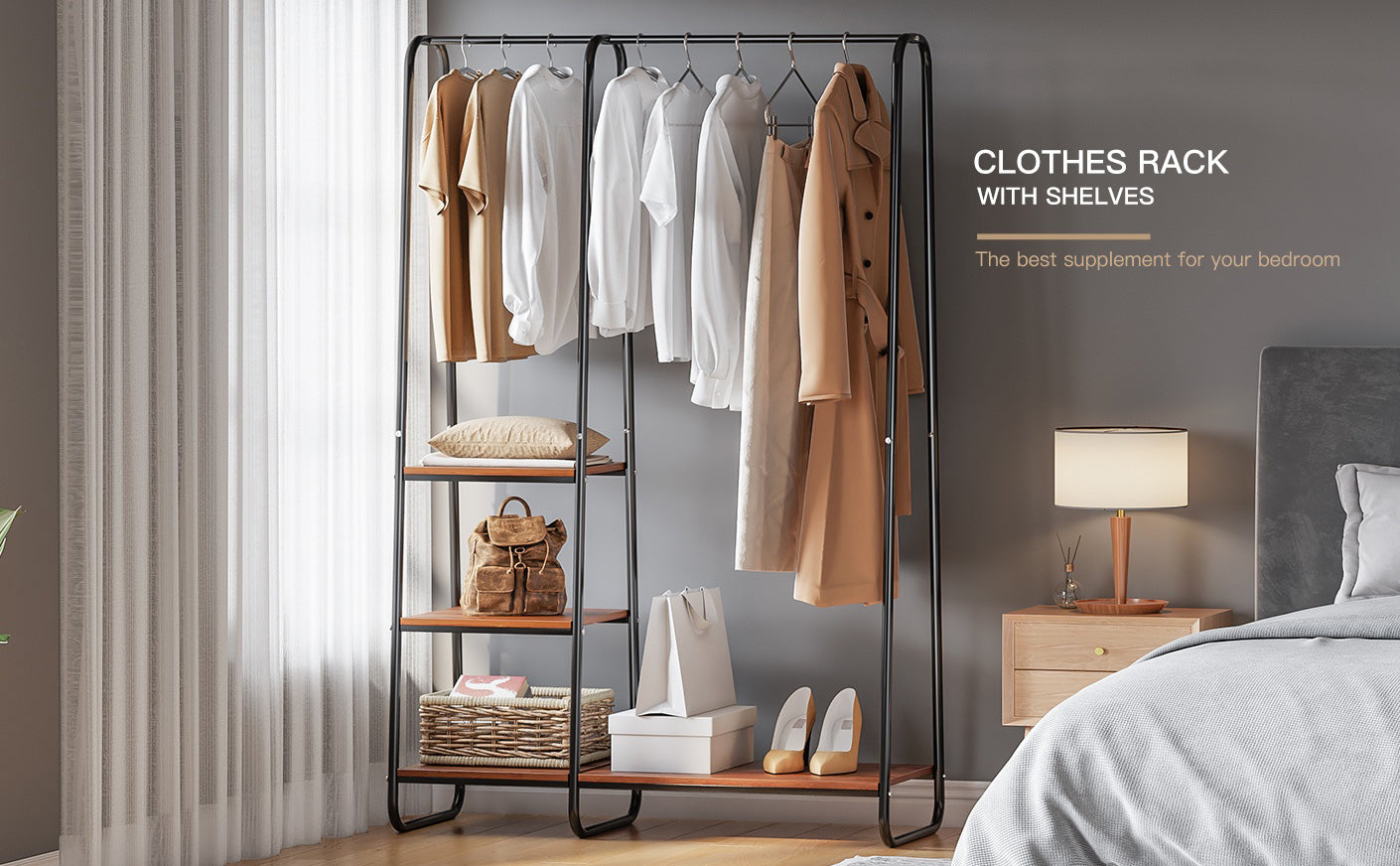 Metal clothing rack with shelves is great for bedroom use