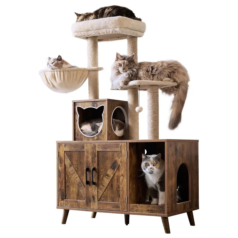 EnHomee Cat Tree Tower for Large Cats Climbing, Cat Condo with Litter Box Enclosure, Cute & Modern