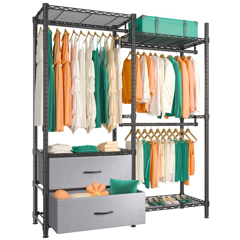 REIBII Clothes Rack With Drawers, Freestanding & Portable Closet Garment Rack For Hanging Clothes