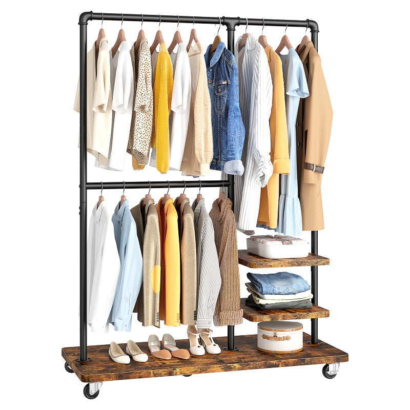 Raybee Industrial Pipe Clothes Rack On Wheels, Portable Metal Garment Rack With Wooden Shelves