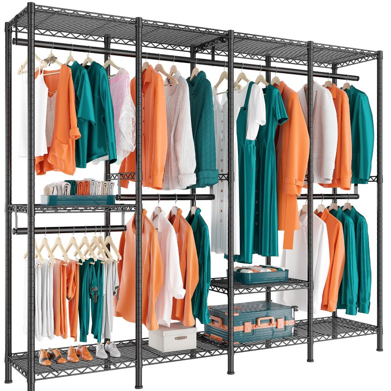 Raybee 76"W Heavy Duty Clothes Rack, 990lbs Portable Freestanding Closet Organizer, 5-tier Adjustable Wire Garment Rack to Customize Your Closet Systems,Black
