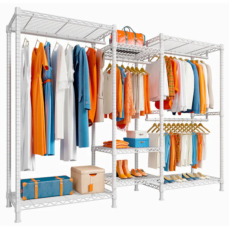 Raybee 725lbs White Clothing Rack With Shelves, Portable & Adjustable Metal Clothes Hanging Rack