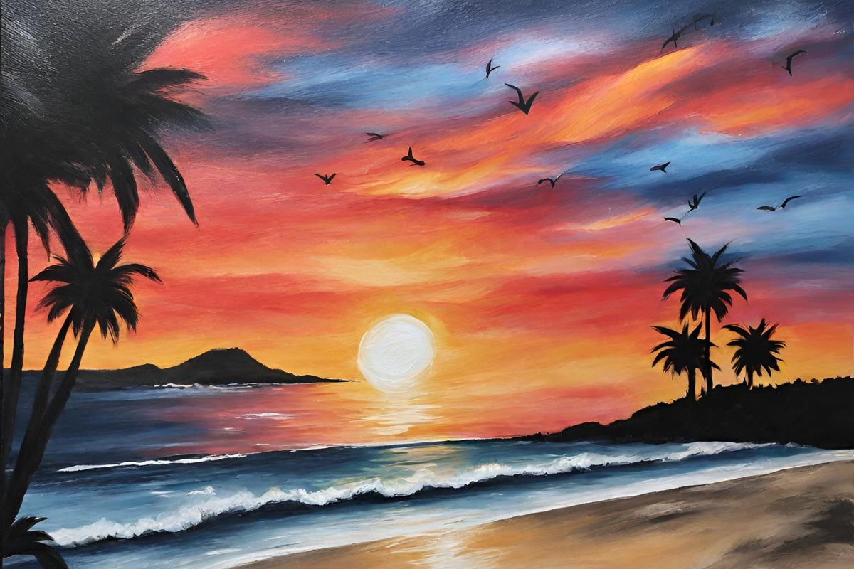 An acrylic painting idea involving a beautiful beach sunset with palm tree silhouettes