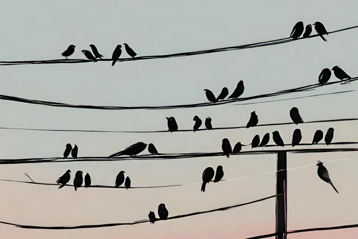 A silhouette acrylic painting of some birds on a wire