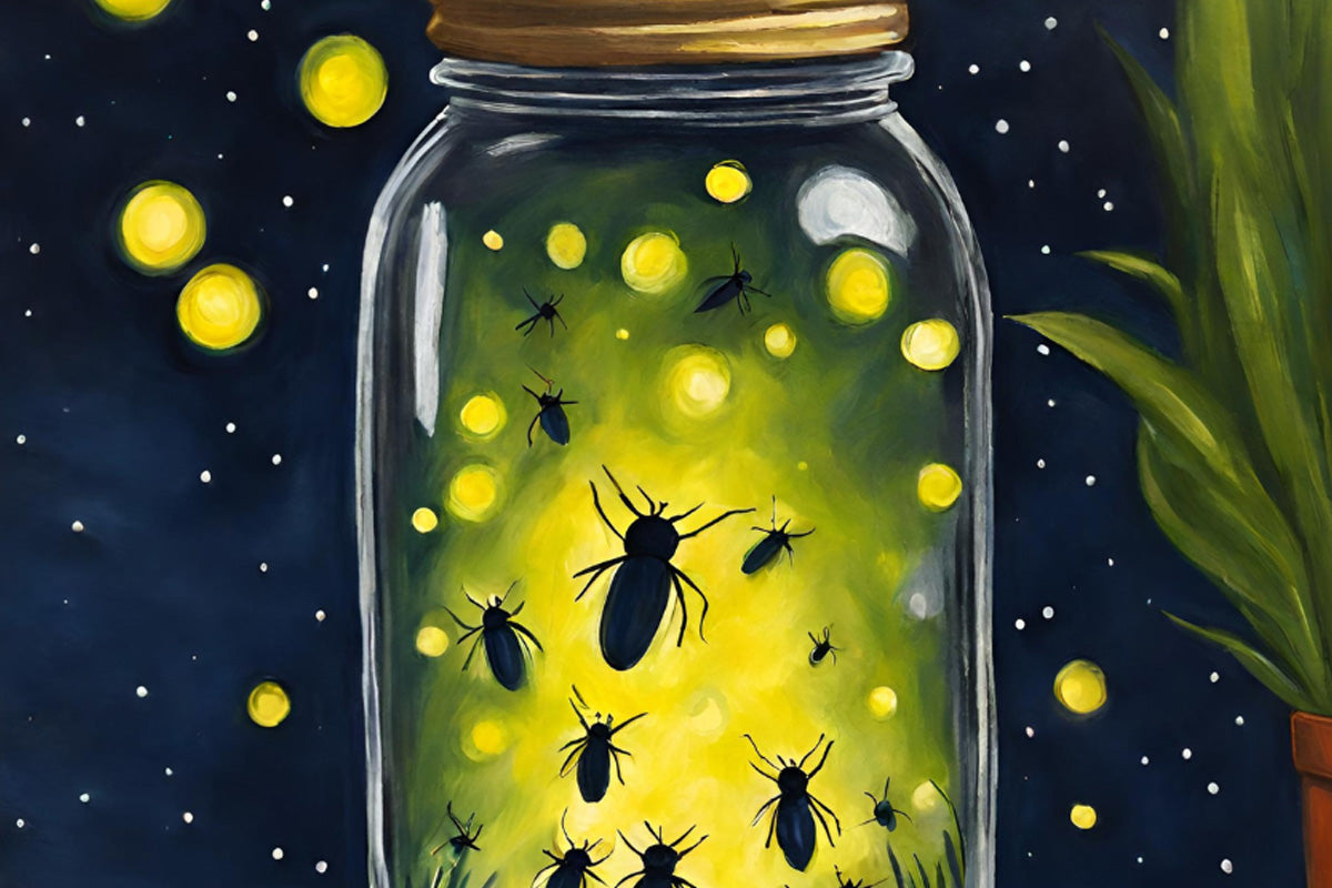 An acrylic painting of some fireflies in a jar