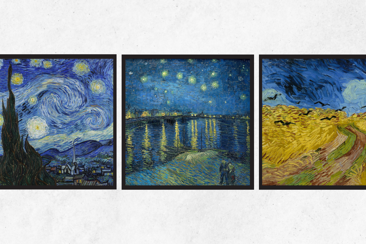 Three of the most famous oil paintings by Van Gogh - The Starry Night, Wheatfield with Crows, and Starry Night Over The Rhone