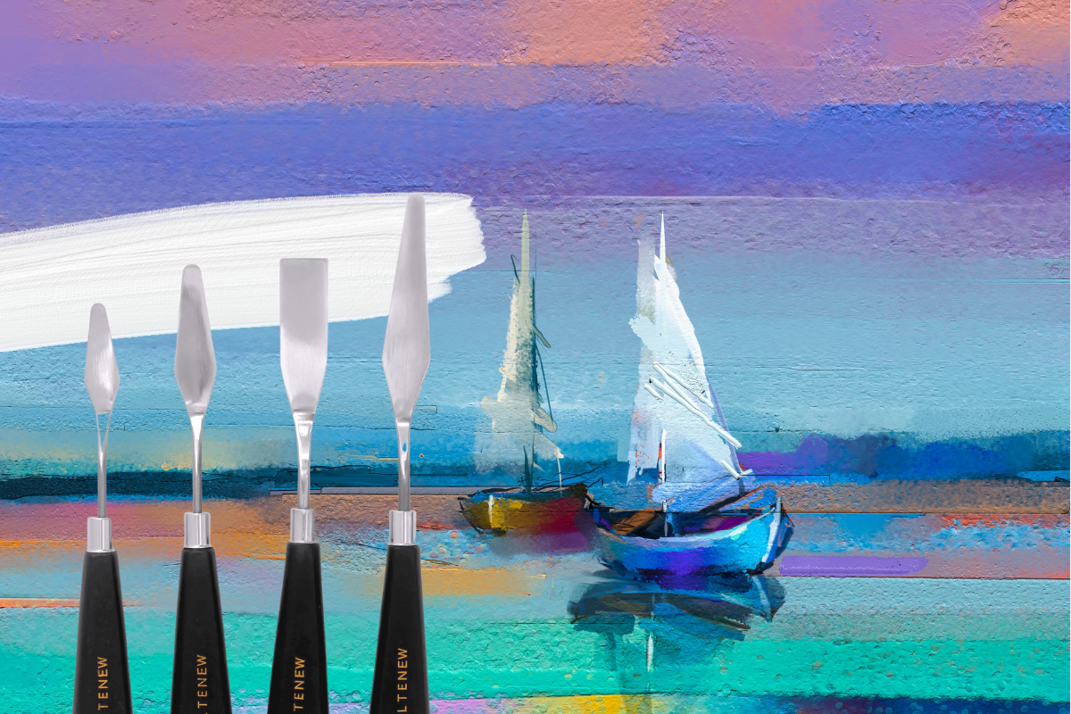 An oil painting with various color-mixing tools