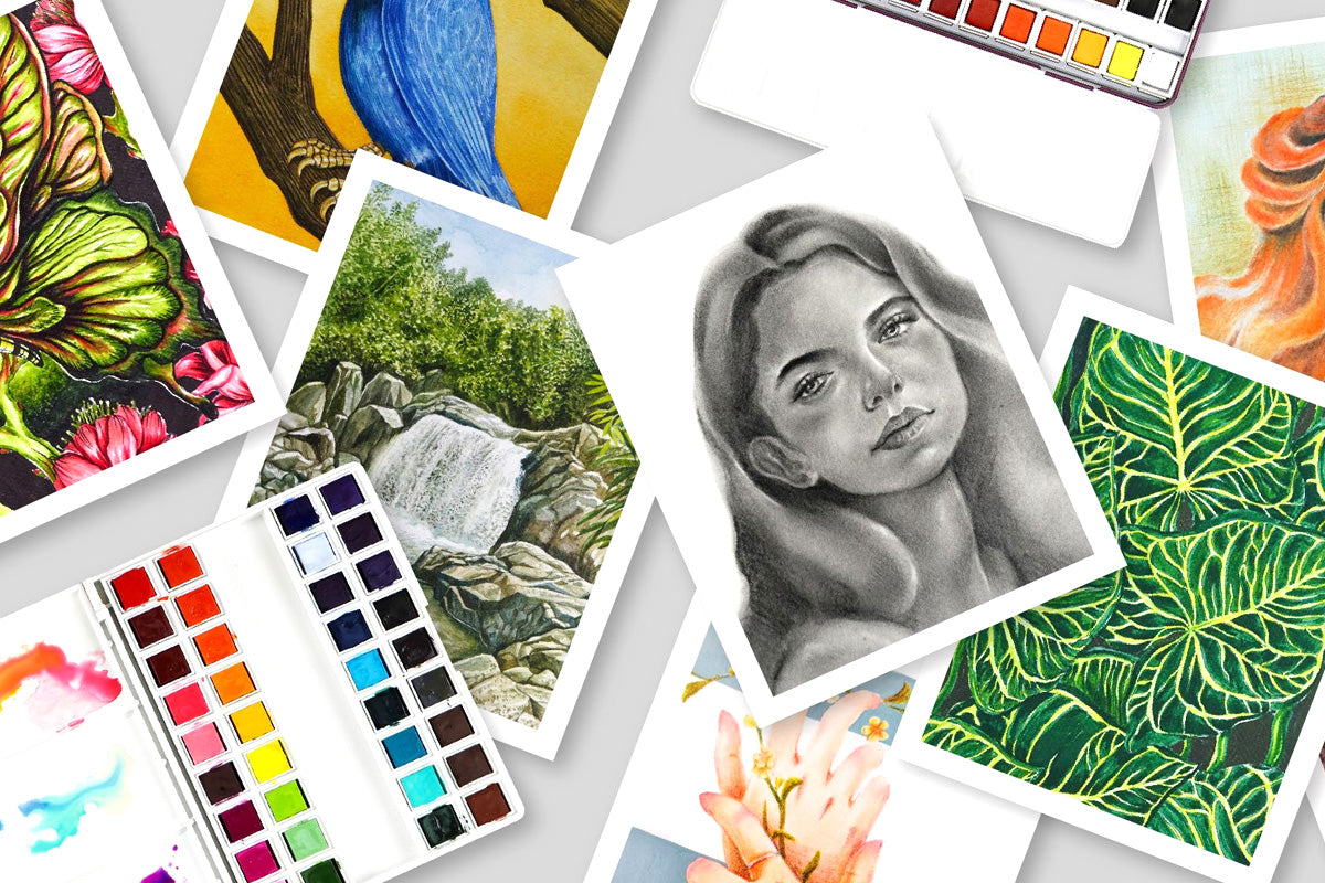 A collage of beautiful artwork by talented artists, alongside some art supplies