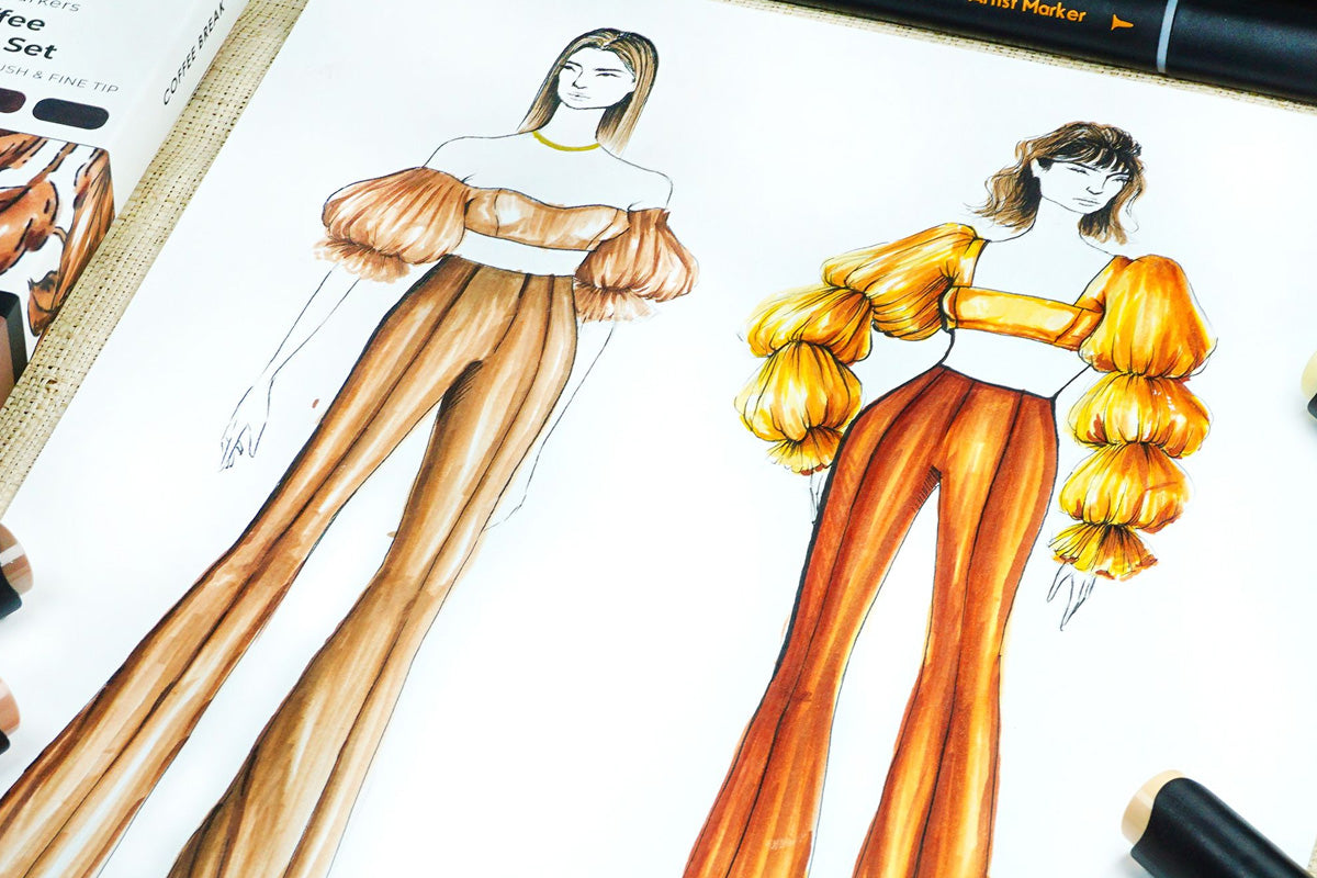 Two fashion sketches colored with the best alcohol markers available