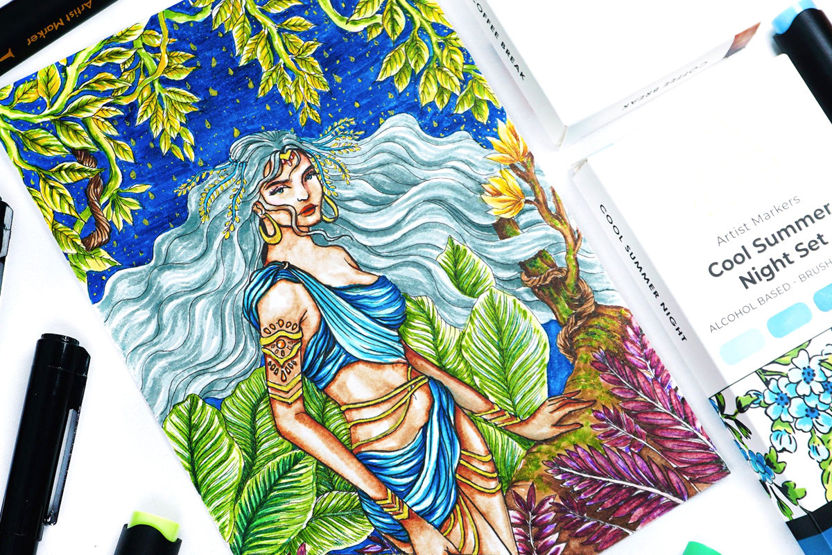 A stunning artwork painting of a native goddess colored with alcohol markers