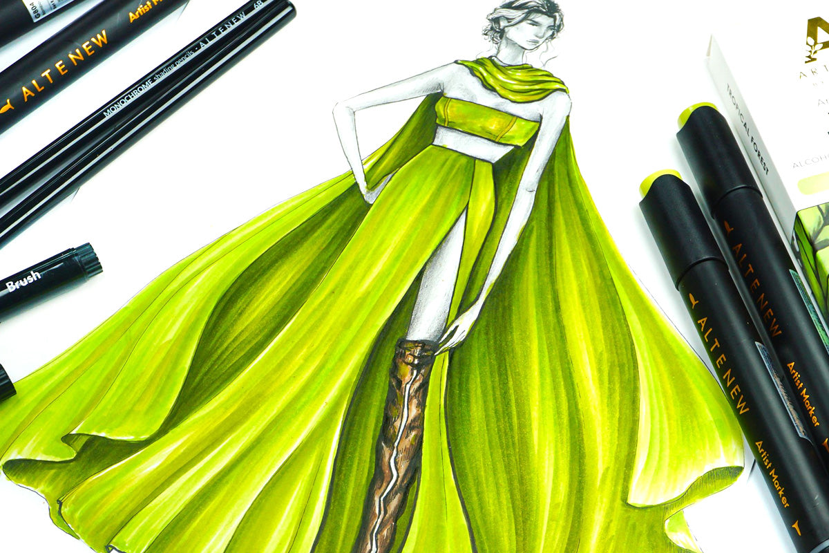 A beautiful fashion sketch of a woman with a long green dress colored with alcohol markers