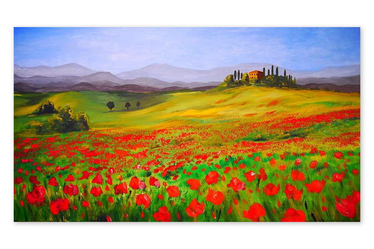 A beautiful acrylic painting of red flowers on a hill 