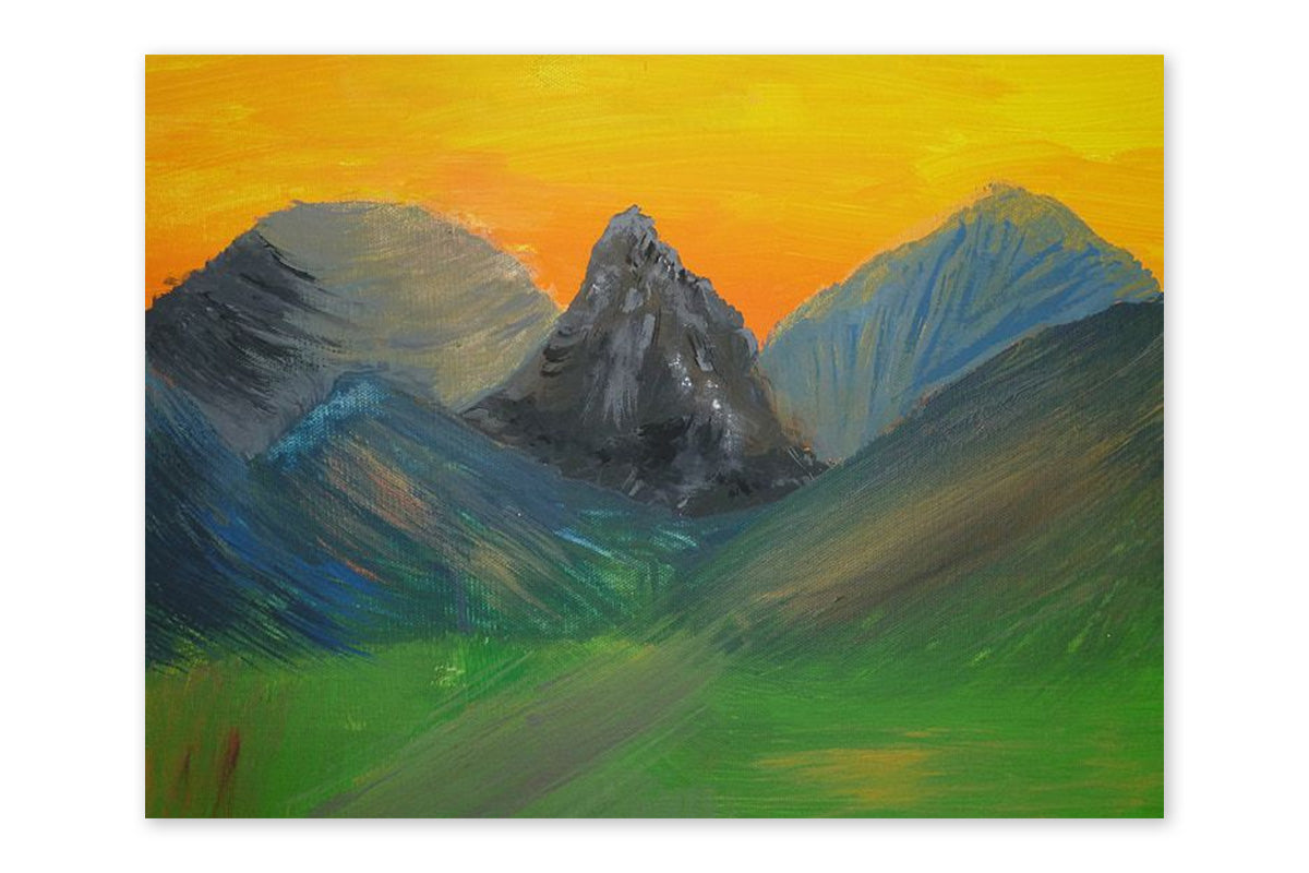 An acrylic painting of some mountains 