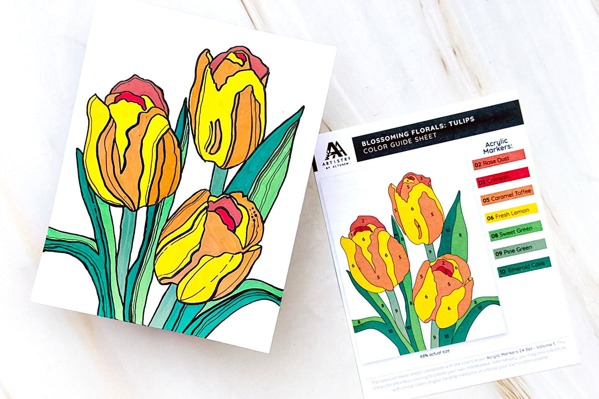A color sheet from Artistry's Color-by-Number: Instant Artist - Blossoming Florals colored using acrylic markers