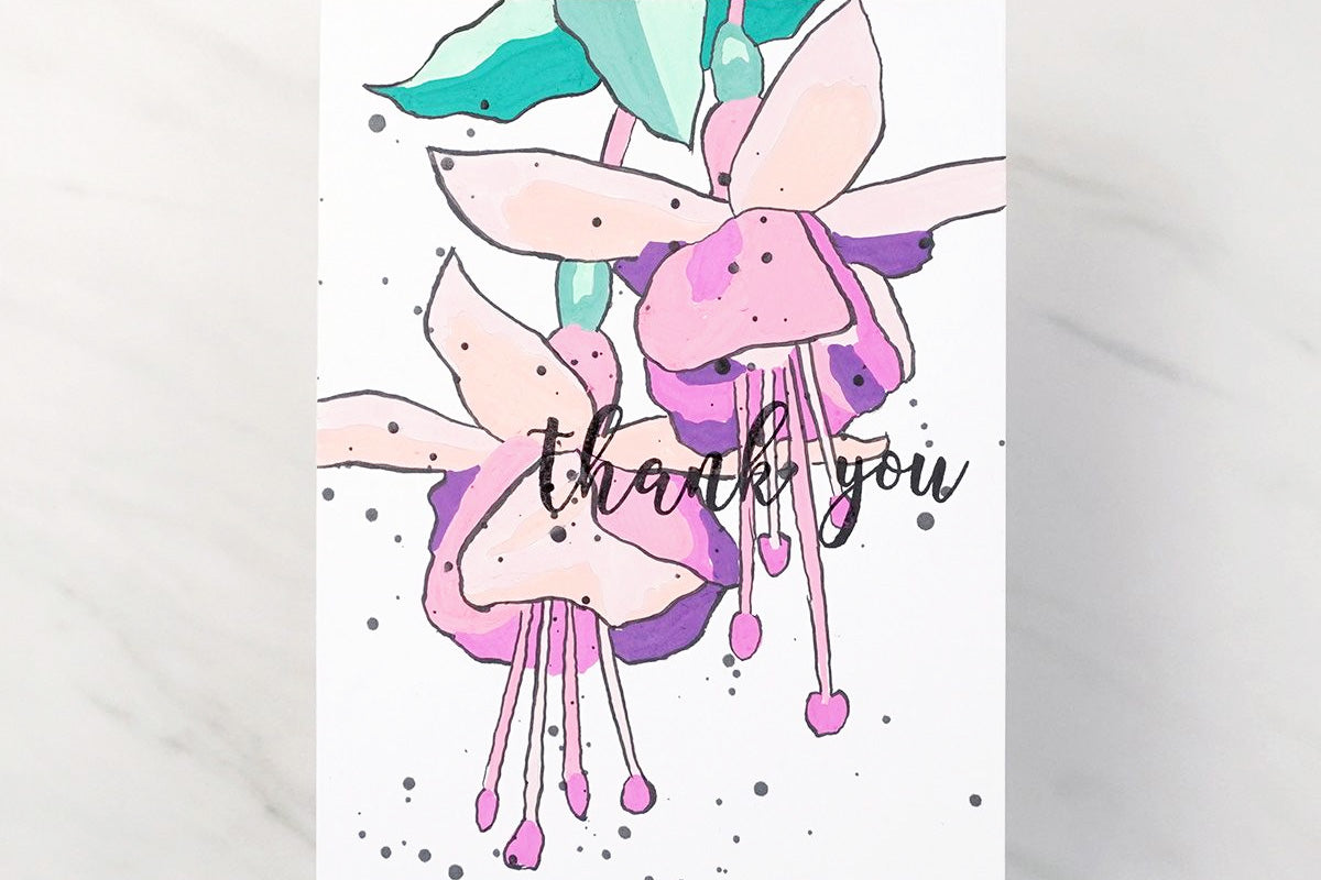 Simple thank you card with a painted floral image from Artistry's adult color sheets.