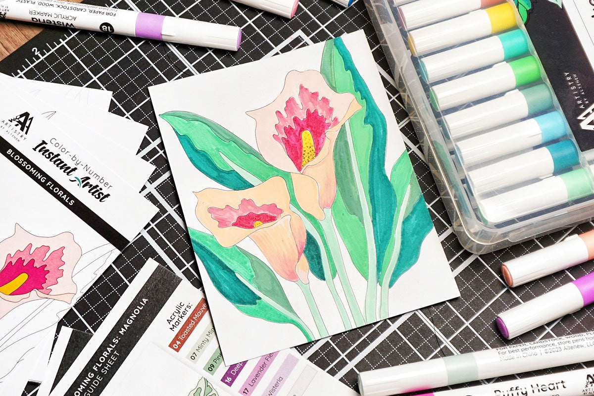 A coloring sheet from Artistry's Color-by-Number: Instant Artist - Blossoming Florals, along with the coordinating acrylic marker set