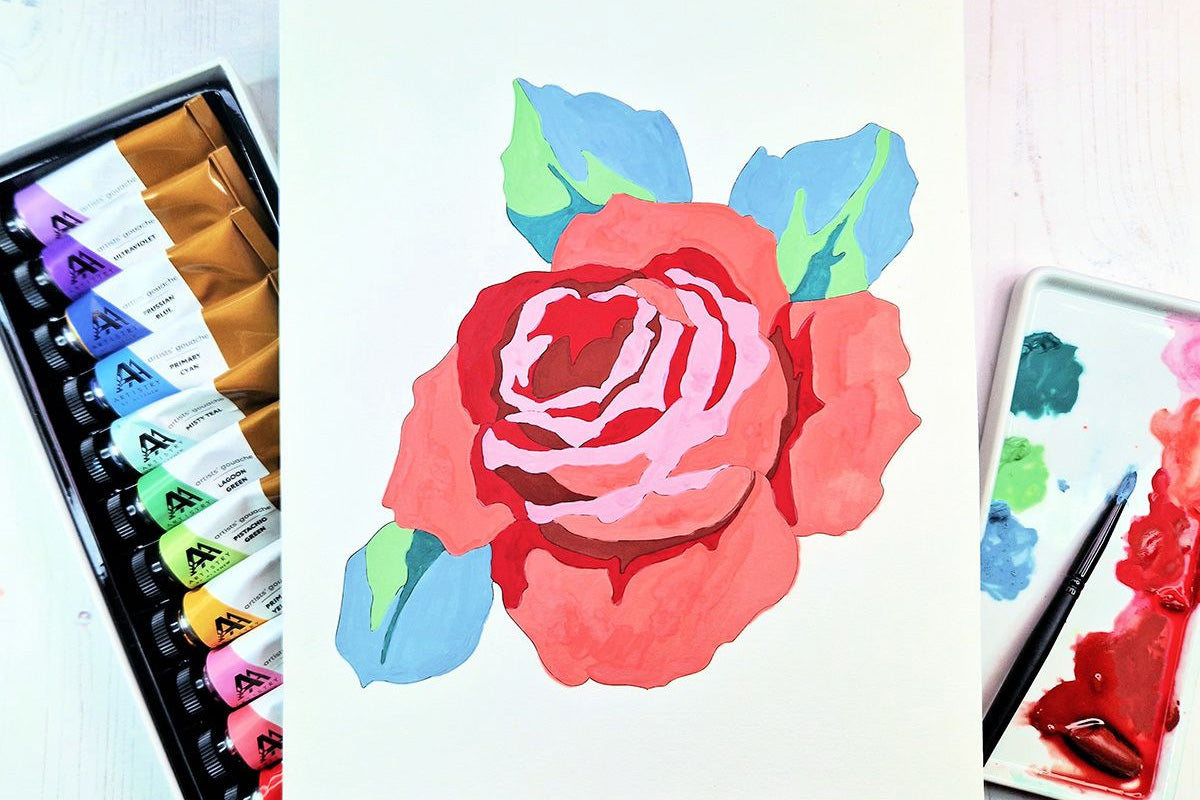 A watercolor rose image painted with Artistry's gouache, from Artistry's Paint By Numbers Kit