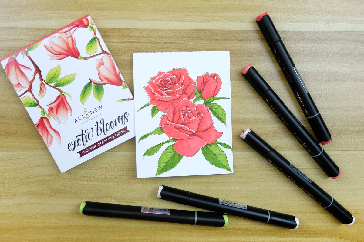 Artistry's Exotic Blooms Marker Coloring Book with a few artist alcohol markers