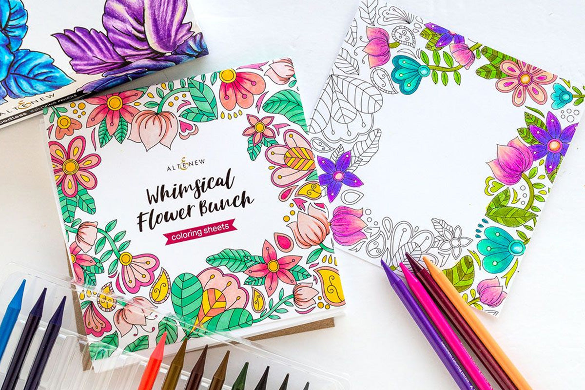 Artistry by Altenew's Whimsical Flower Bunch Adult Coloring Sheets and colored pencils