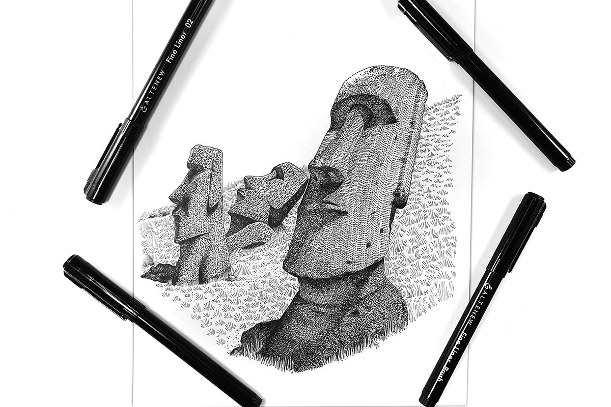 A pen sketch of the Moai statues of Easter Island, created with Artistry's Fine Liner Pens