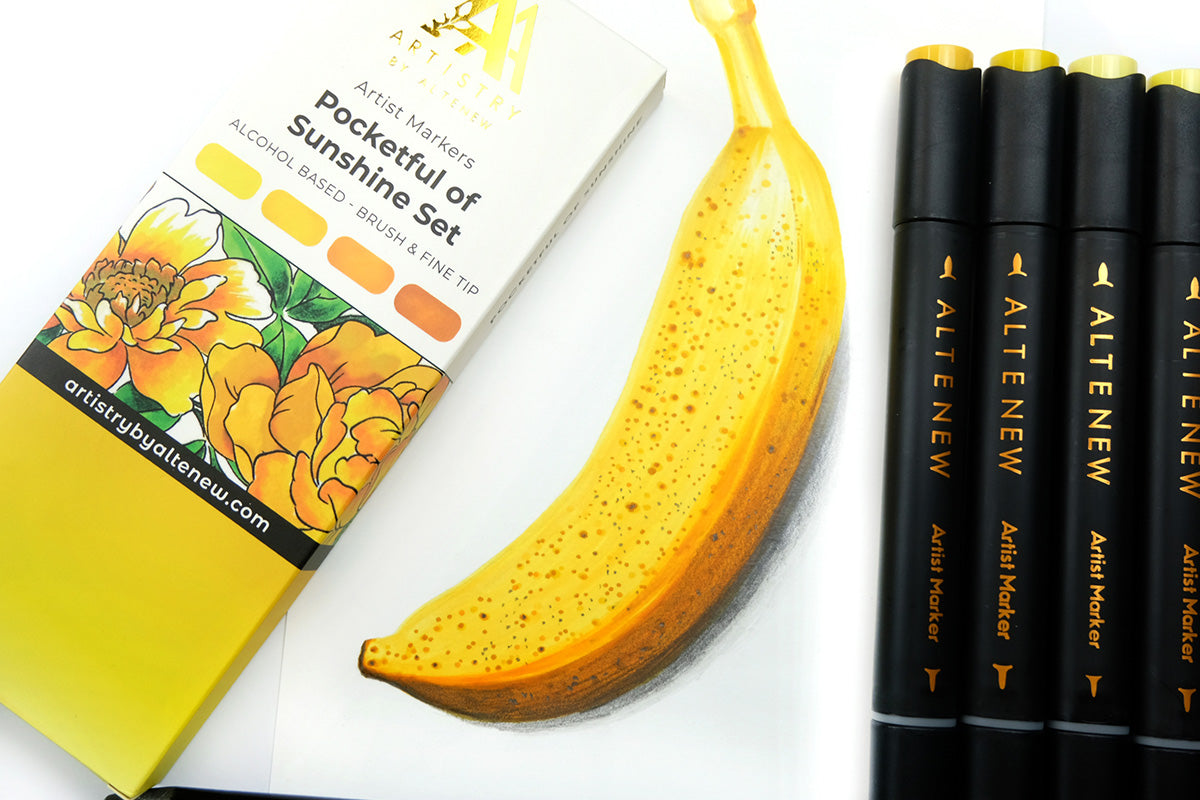 A realistic drawing of a banana, colored with Artistry's alcohol markers