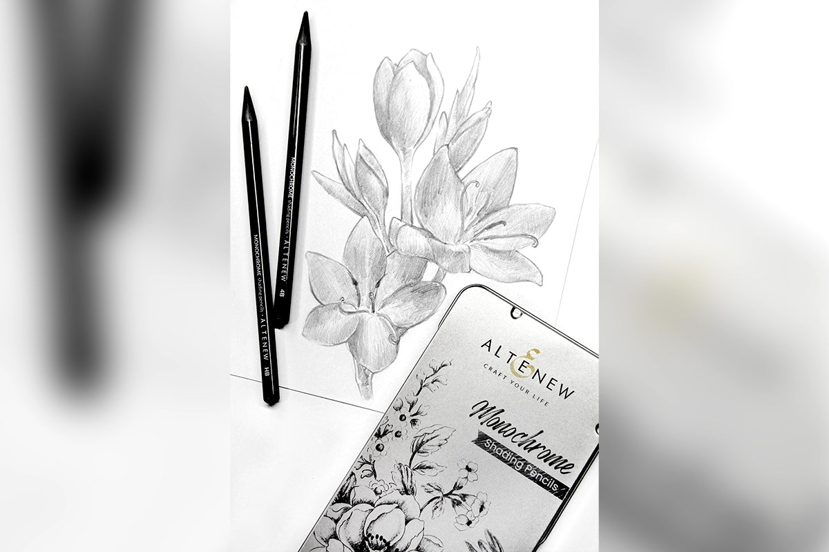 Pencil shading technique on flowers, made with Artistry by Altenew Monochrome Shading Pencils