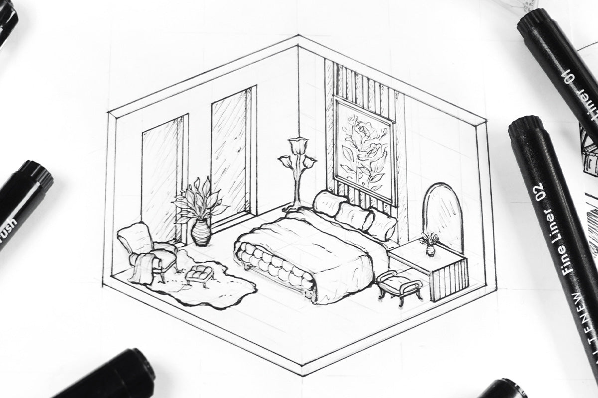 A drawing of the interior of a bedroom, created with Artistry by Altenew's Fine Liner Pen Set