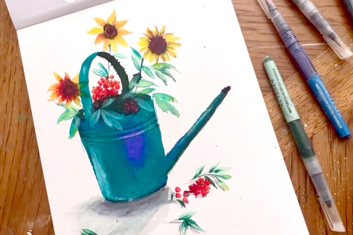 A painting of a sprinkler with flowers in it, painted with Artistry by Altenew's Watercolor Brush Markers - Winter Wonderland Set