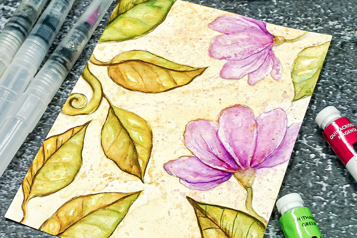 A watercolored panel with flowers and leaves and a watercolor wash background, painted with Artistry Watercolor Tubes