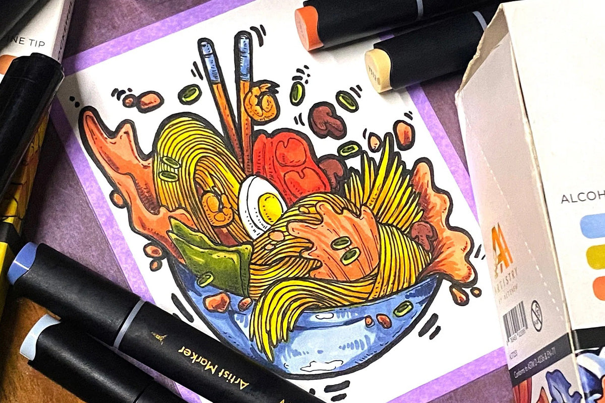 An artistic rendering of a bowl of ramen drawn with Altenew Artist Markers and Pens