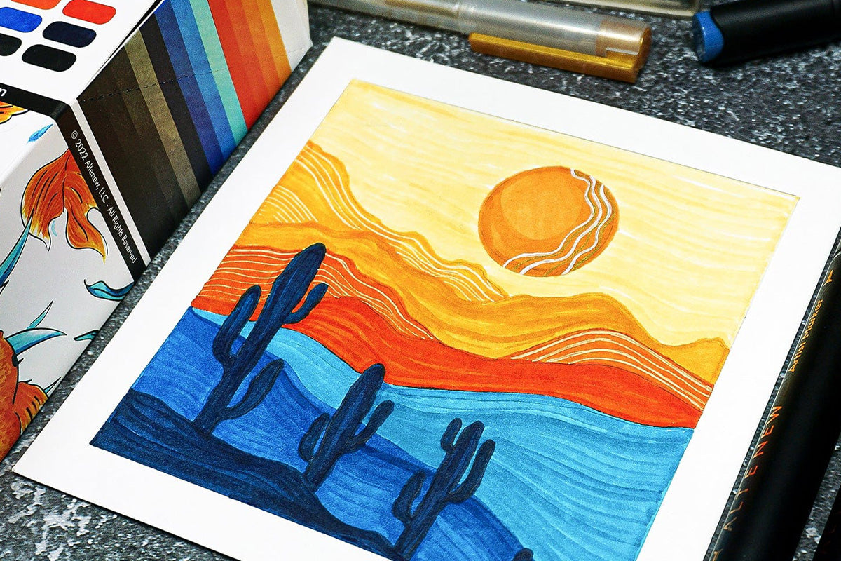An artistic and colorful rendition of a desert landscape, showcasing depth and layers in art
