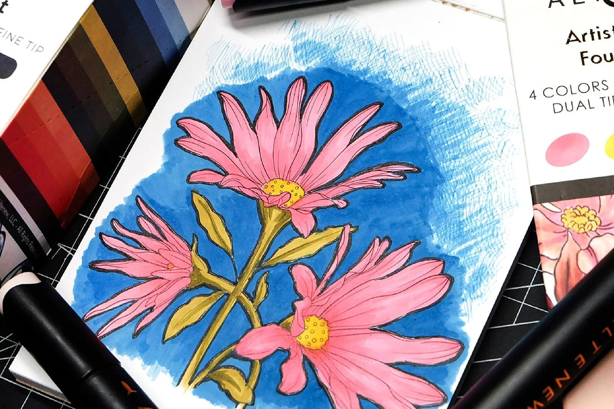 A drawing of pink flowers on a mostly blue background, showcasing color harmony