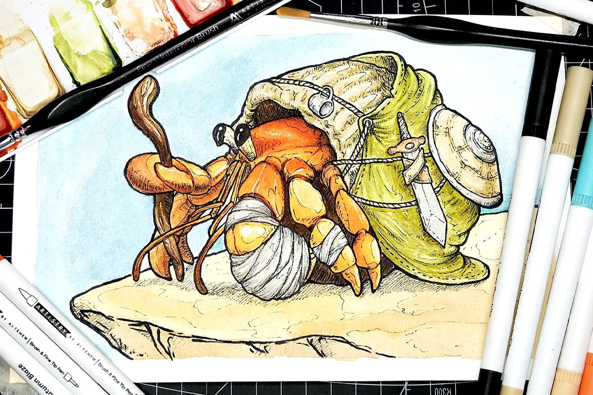 A high-fantasy rendition of an adventurer hermit crab, drawn with Altenew Artist Markers and Pens