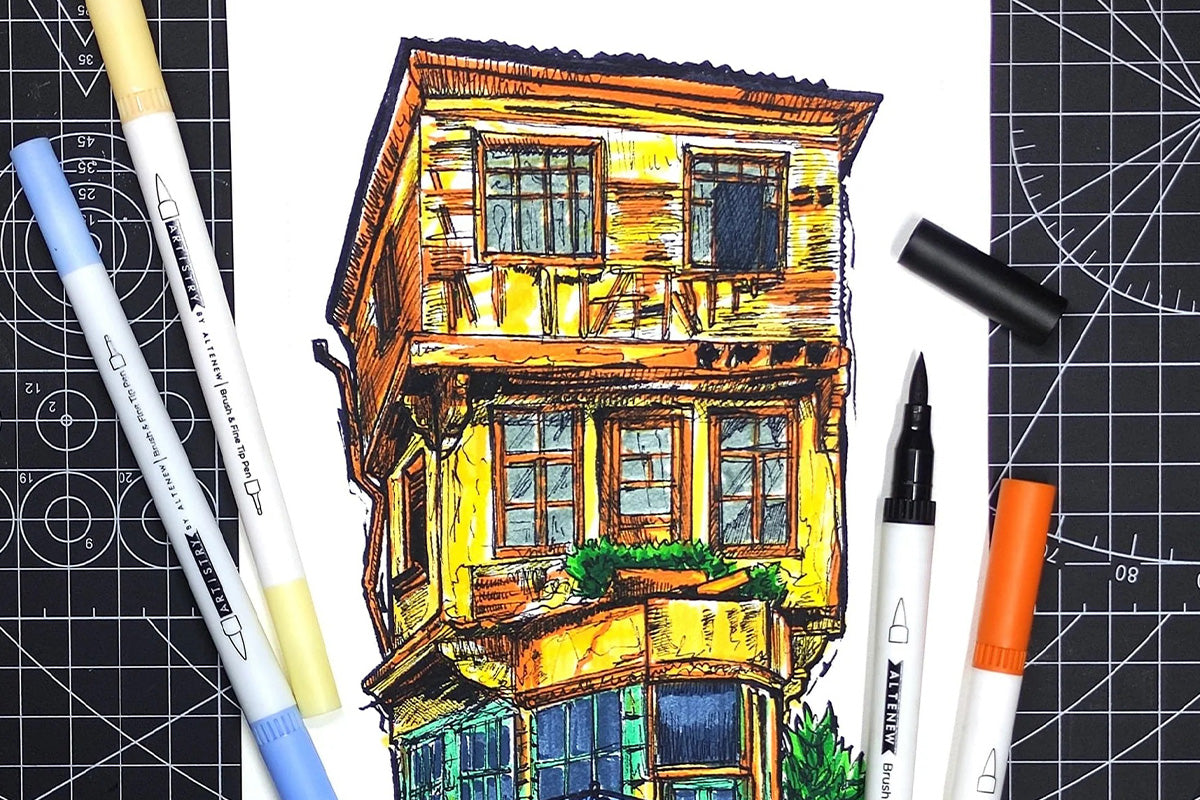 A three-storey house drawn with Altenew Artist Markers and Pens