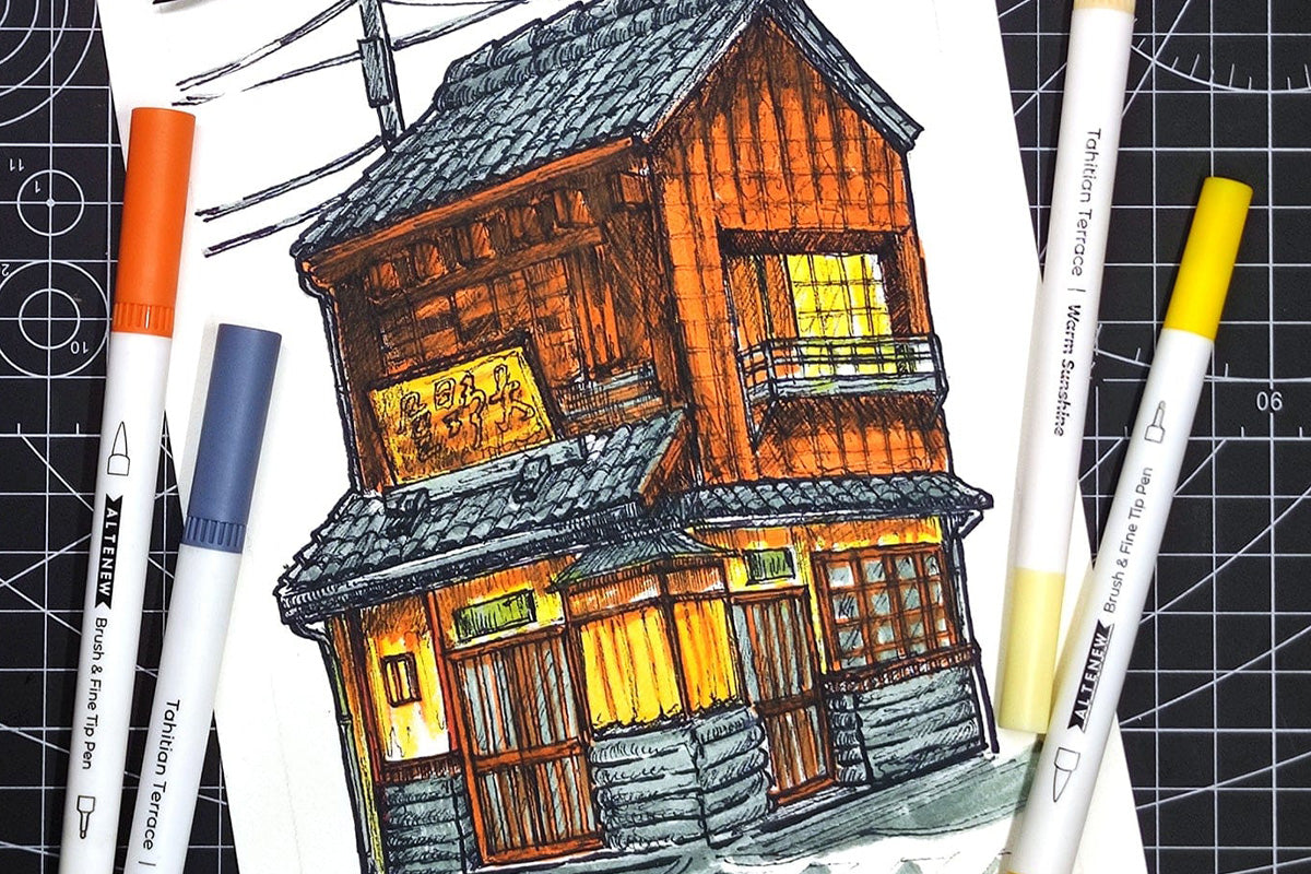 A two-storey traditional Asian store, drawn with Altenew Artist Markers and Pens